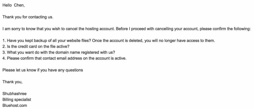 Bluehost退款详细信息确认邮件