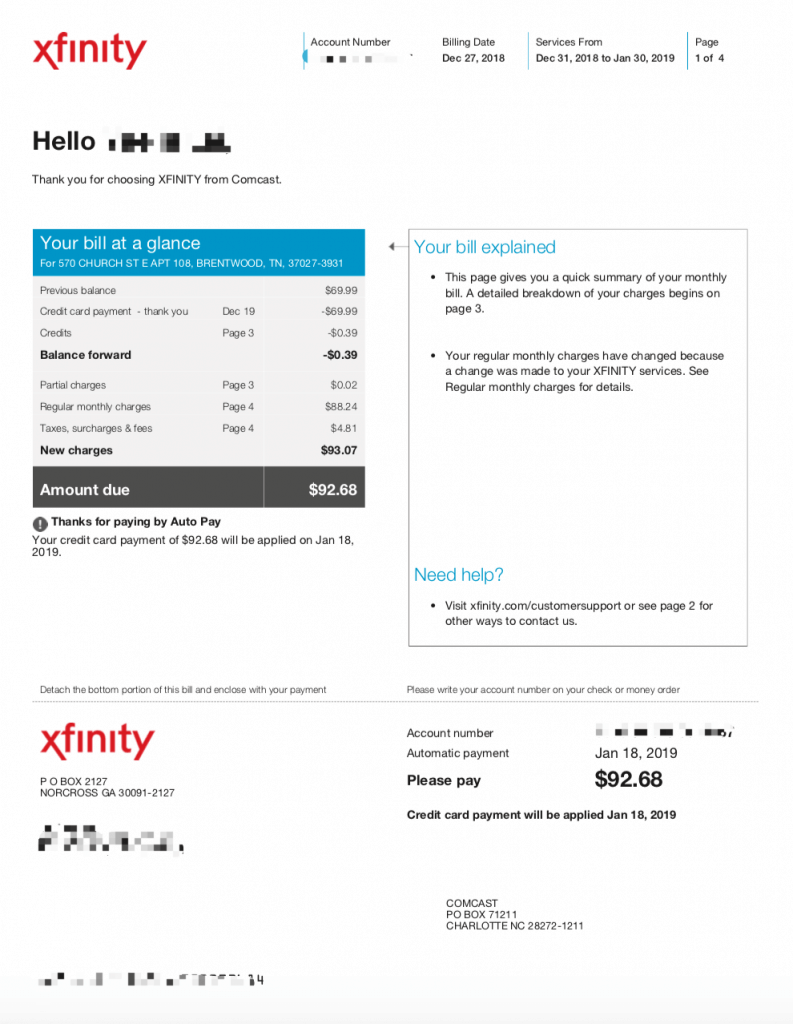 Xfinity网费账单