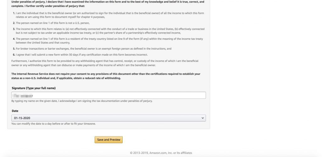 亚马逊Affiliate账号税单-税单签名填写